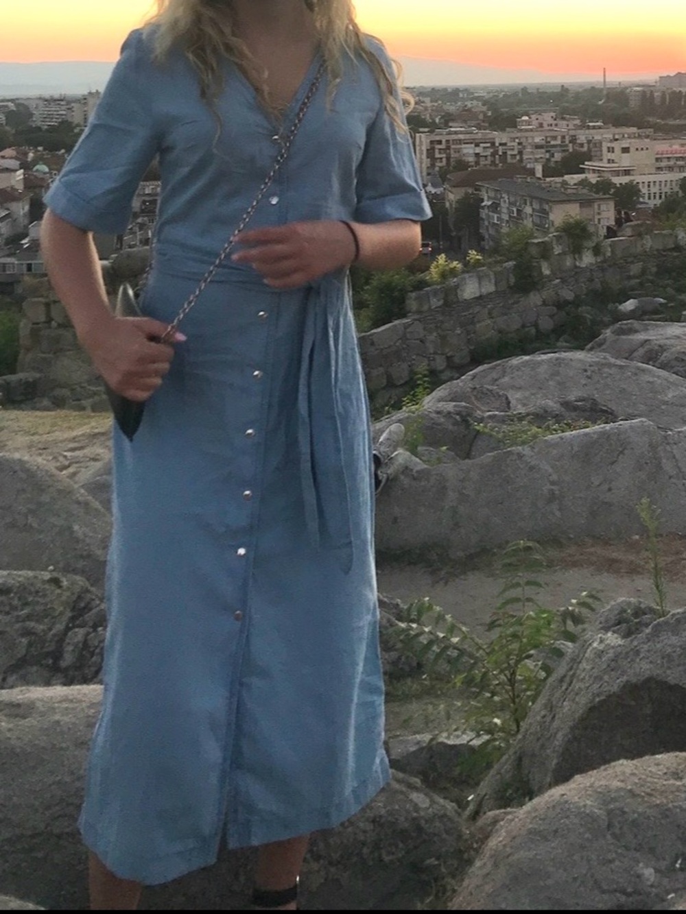 Light Blue Button-Front Midi Dress with Waist Tie